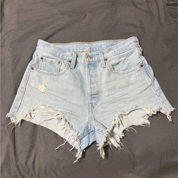 501 Levi's Light Blue Distressed Jean Shorts - Picture 1 of 6